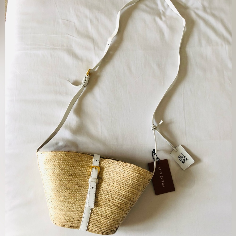 Altuzarra Straw Crossbody with White Leather Trim and Gold Buckle - Picture 2 of 8